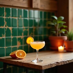 Fototapeta premium Pale orange spritz in coupe glass beside patterned green tiles and worn rustic decor