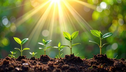 Sunlit young plants emerge from soil, showcasing growth progression against a vibrant green backdrop, symbolizing life and renewal