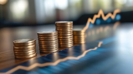 Coins rising, graph uptrend, office desk, financial growth