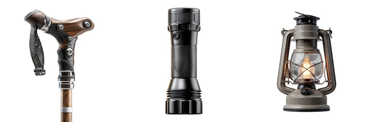 Set of 3 power drill, flashlight, and lantern PNG for tool and camping design