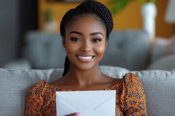 Portrait of a smiling woman holding an open envelope with a letter, sitting on the sofa and smiling at the camera, excited about the contents of the letter, Generative AI