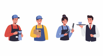 Four diverse service industry workers depicted, each holding items related to their profession.