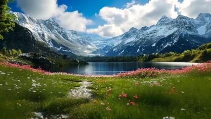 Majestic Mountain Lake Scene with Blooming Flowers.