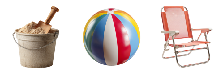 Set of 3 beach ball, ice bucket, and folding chair PNG for summer leisure design
