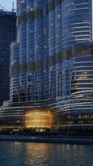 Fototapeta premium A striking modern skyscraper, illuminated at night, showcasing intricate architectural details and a sophisticated design.