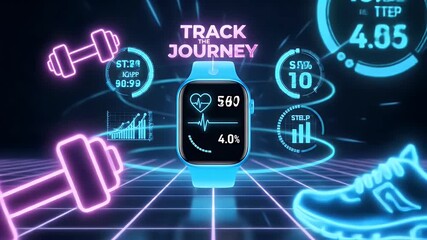 Dynamic smartwatch displays health data, showcasing fitness progress and technological advancement in a futuristic neon grid environment. - Powered by Adobe