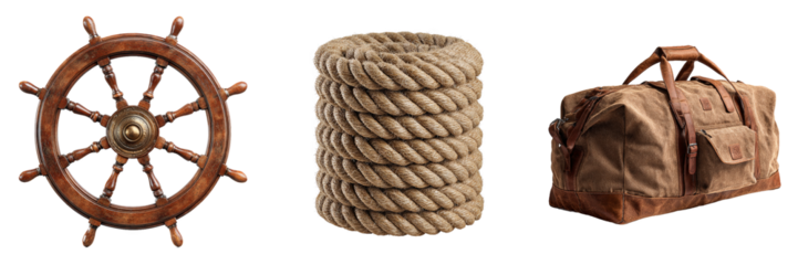 Set of 3 ship wheel, rope, and leather duffel bag PNG for nautical travel design