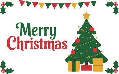 Festive merry christmas greeting with decorated tree and gifts