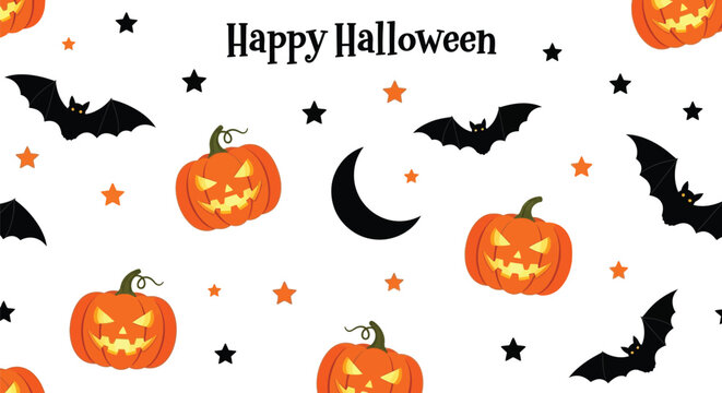 Seamless happy halloween pattern featuring pumpkins, bats, stars, and a crescent moon, creating a festive and spooky design