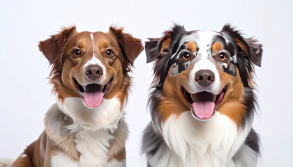 Fototapeta premium Two happy, bright-eyed dogs sit side-by-side. One is reddish brown and white, the other black, white, brown, and tan. Both have tongues lolling out
