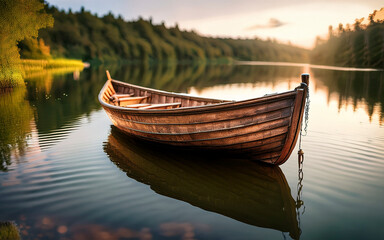 Obraz premium barca vieja de madera en un lago y el reflejo en el agua