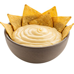 Creamy cheese dip served in bowl with crispy tortilla chips, perfect for snacking or parties,  isolated on white or transparant background, PNG format.