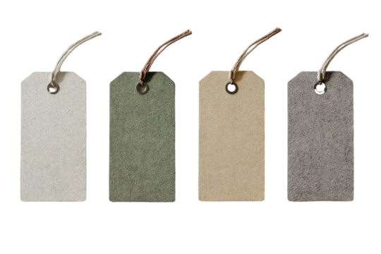 Four blank price tags, various muted tones