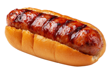 Argentina Choripn grilled chorizo sausage sandwich topped with green chimichurri sauce, isolated on white transparent background. Concept of gourmet South American Cuisine street food