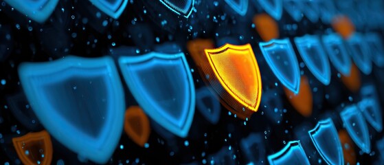 3D illustration of glowing blue shield icons with one distinctive orange shield, symbolizing cybersecurity, internet safety, data protection, anti-hacking, and online privacy technology background