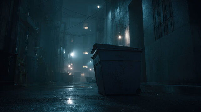 A mysterious midnight crime scene in a dark alleyway, where scattered police tape and eerie streetlight reflections create a tense atmosphere. The abandoned setting hints at an unsolved mystery, empha
