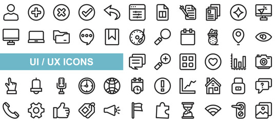 UI/ux icon collection set. people, Add, Delete, check, Undo, Configuration, Notes, Signal tower, Connectivity icon. Simple line vector.
