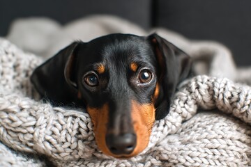 Cute Dachshund Puppy Resting on Cozy Knitted Blanket