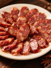 Obraz premium Sliced Chinese Sausage Arranged on a White Plate