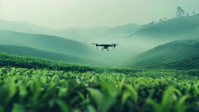 A drone flying over tomato fields, distributing fertilizer and showcasing the innovations of precision farming