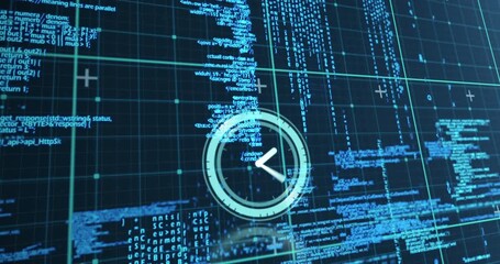 Animation of clock moving over data processing on navy background - Powered by Adobe