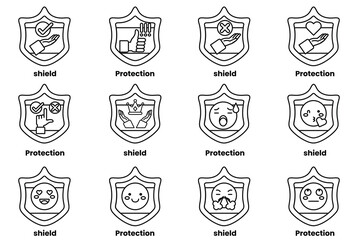 A set of 12 shields with different expressions and words like protection, shield
