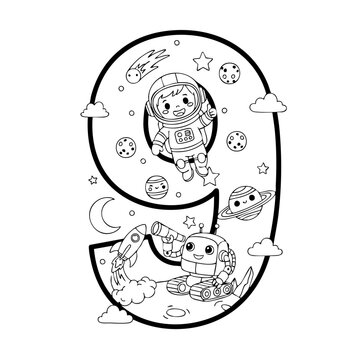 Number 9 Doodle with Cute Characters and Cartoon Style