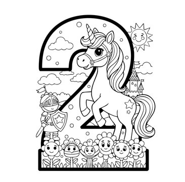 Number 2 Doodle with Unicorn and Clouds Coloring Page