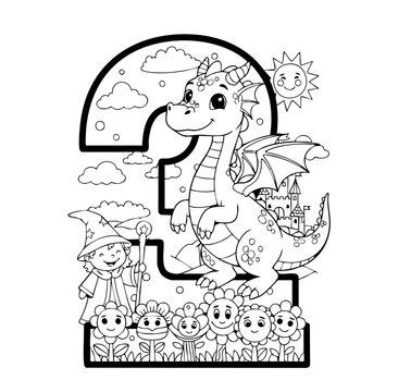 Number 3 Doodle with Cute Dragon and Decorative Patterns