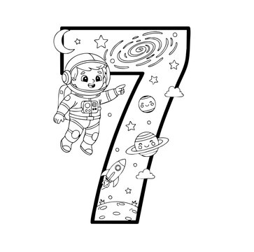 Number 7 Doodle with Cute Astronout Boy and Stars