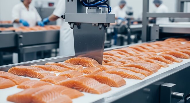 Salmon processing with industrial conveyor filleting and packing process