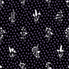 Raster illustration. Monochrome wild flowers on irregular dot background seamless repeat pattern. Best for kids textiles, nursery and packaging.