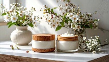 Two jars of white cream with wooden lids sit on a white surface surrounded by vases of delicate white blossoms in a bright, sunny setting