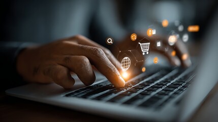 Person's hands typing on laptop with shopping icons appearing.