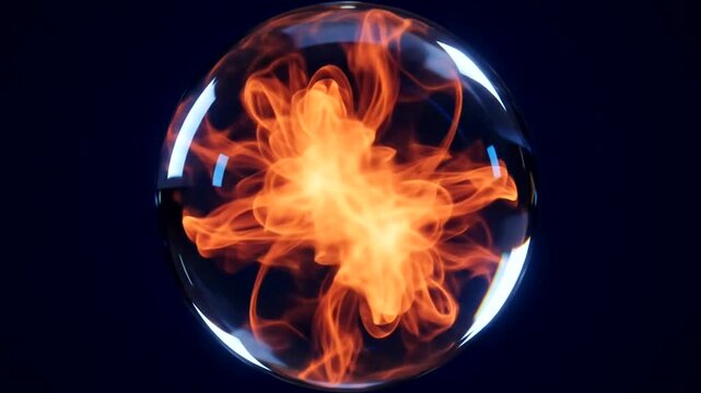 Intricate flames captured within a transparent sphere against a dark backdrop.