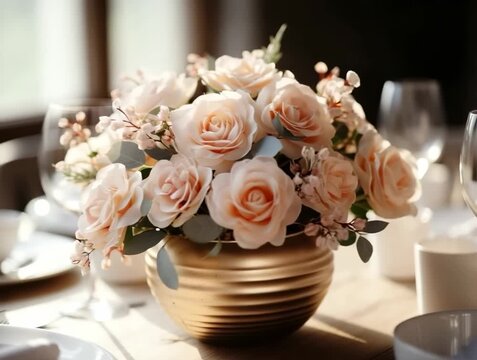 Elegant floral arrangement enhances a dining table setting in a cozy cafe during a beautiful afternoon