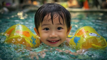 A happy child wearing arm floats, playing and splashing in the shallow end of a pool. The scene is about the simple joys of swimming.