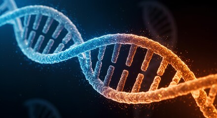 Abstract scientific background with a futuristic DNA spiral in blue and orange tones on a dark background with free space for text