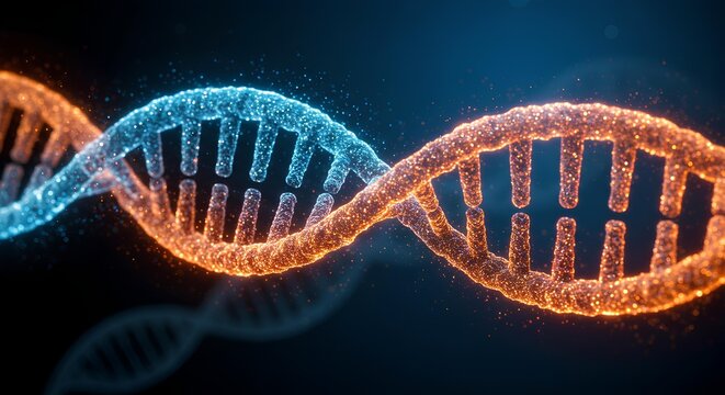 Abstract scientific background with a futuristic DNA spiral in blue and orange tones on a dark background with free space for text