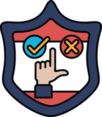 A shield with a hand pointing to a check mark and an X