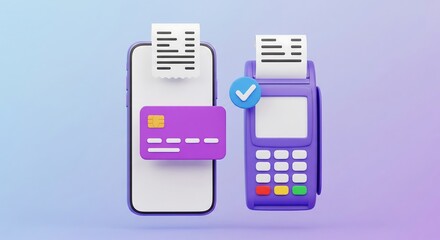 Modern contactless payment concept with smartphone credit card and POS terminal on pastel background