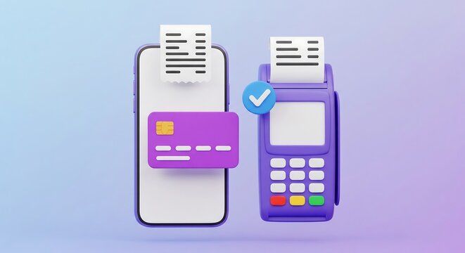 Modern contactless payment concept with smartphone credit card and POS terminal on pastel background