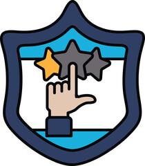 A hand pointing to three stars on a shield