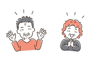 にこにこ笑顔で喜んでいるおじいさんとおばあさん（シンプル）