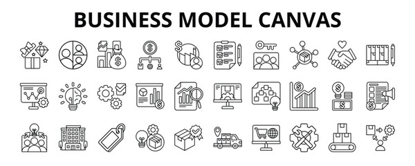 30 Business Model Canvas Line Icons Vector - Cost Structure, Key Resources, Execution, System, Supplier, Production, Brand