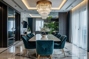 Elegant Dining Room Interior with Velvet Chairs, Marble Flooring, and Chandelier Lighting Design
