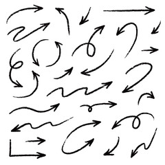 Arrow vector line icon set. Hand drawn brush sketch arrow line curve up, down shape chalk texture element set. Abstract grunge scribble chalk crayon style. Vector illustration