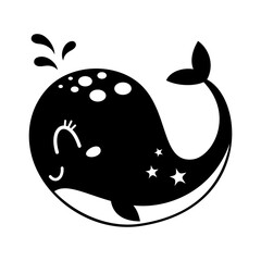 Cute whale clipart, isolated black and white cartoon sea character. Ocean animal vector illustration