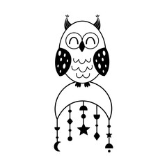 Сute owl sitting on the moon, isolated black and white cartoon woodland character doodle. Vector illustration.