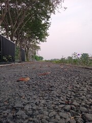 Obraz premium Jogging track with shady trees and flower gardens beside it with a bright sky in the background